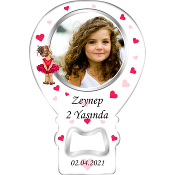 Kırmızı Elbiseli Balerin ve Kalp Fon Temalı Resimli Balon Ahşap Magnet 