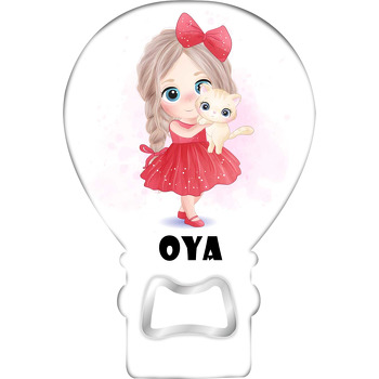 Kırmızı Elbiseli Kız ile Kedi Temalı Balon Ahşap Magnet 