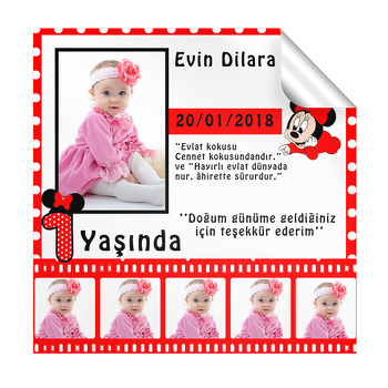 Kırmızı Film Şeritli Mickey Temalı  Kare Etiket