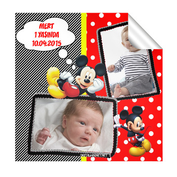 Kırmızı Fonlu Mickey  Mouse  Kare Etiket