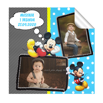 Kırmızı Fonlu Mickey  Mouse  Kare Etiket