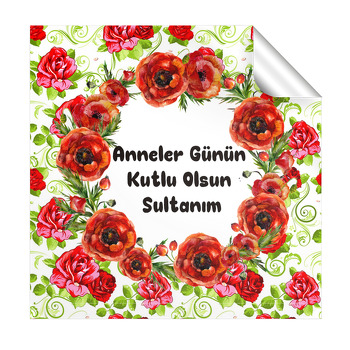 Kırmızı Gül Temalı Anneler Günü  Kare Etiket