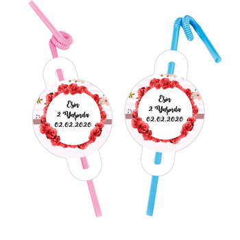 Kırmızı Gül Temalı Pipet ve Kartı