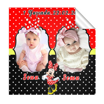Kırmızı İkiz Minnie Temalı Doğum Günü  Kare Etiket