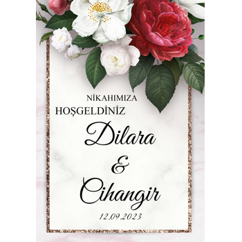 Kırmızı ile Beyaz Gül ve Sim Çerçeve Temalı Söz Nişan Nikah Özel Gün Afiş