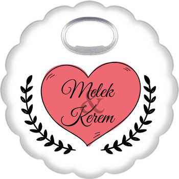 Kırmızı Kalp ile Siyah Defne Dalı Temalı Çiçek Şekilli Magnet Açacak