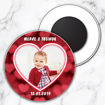 Kırmızı Kalp Temalı Resimli Daire Plastik Magnet