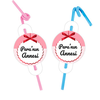 Kırmızı Kurdele ile Pembe Çizgili Fon Temalı Pipet ve Kartı