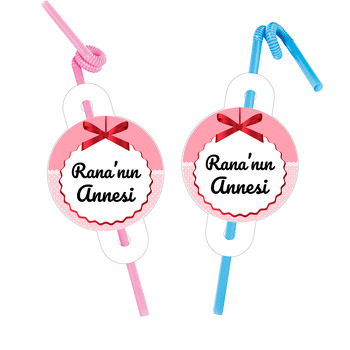 Kırmızı Kurdele ile Pembe Puantiye Fon Temalı Pipet ve Kartı