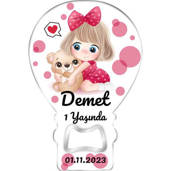 Kırmızı Kurdeleli Kız ile Ayıcık Oyuncağı Temalı Balon Ahşap Magnet 