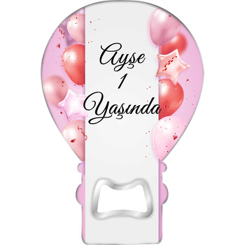 Kırmızı Metalik Balonlar Beyaz Şerit ile Pembe Fonda Temalı Balon Ahşap Magnet 