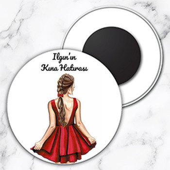 Kırmızı Mini Elbiseli gelin ile Kına Hatırası Temalı Daire Plastik Magnet