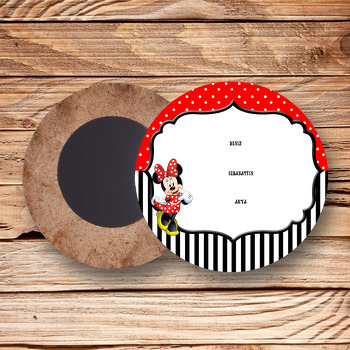 Kırmızı Minnie Mouse Temalı Ahşap Daire Magnet
