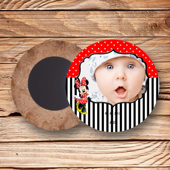 Kırmızı Minnie Mouse Temalı Resimli Ahşap Daire Magnet