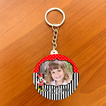 Kırmızı Minnie Mouse Temalı Resimli Daire Plastik Anahtarlık