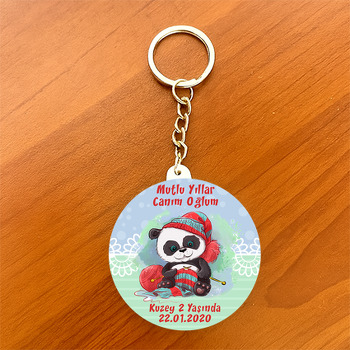 Kırmızı Şapkalı Panda Temalı Daire Plastik Anahtarlık