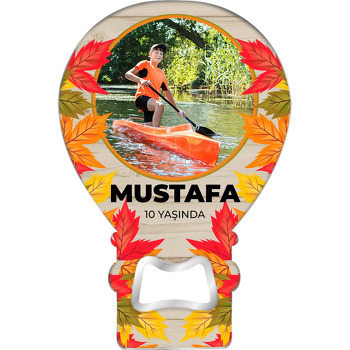 Kırmızı Sarı Yapraklar ile Ahşap Fon Temalı Balon Ahşap Magnet 