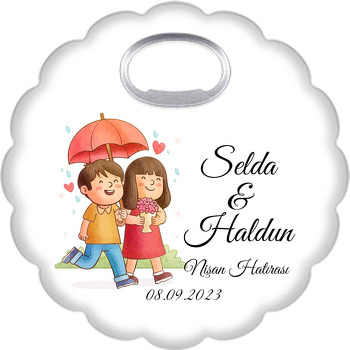 Kırmızı Şemsiyeli Sevgililer Temalı Çiçek Şekilli Magnet Açacak