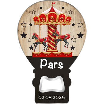 Kırmızı Siyah Atlıkarınca Ahşap Fonda Yıldızlarla Temalı Balon Ahşap Magnet 