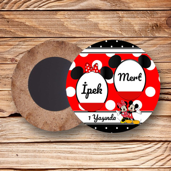 Kırmızı Siyah Mickey İkiz Temalı Ahşap Daire Magnet