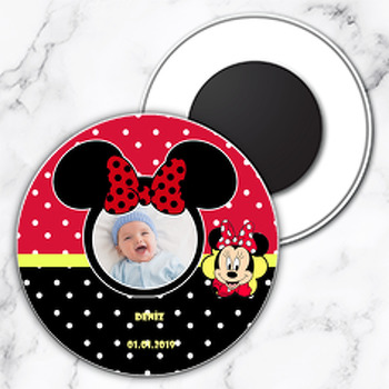 Kırmızı Siyah Minnie  Temalı Resimli Daire Plastik Magnet