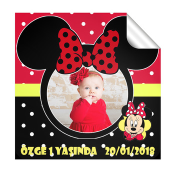 Kırmızı Siyah Minnie Temalı Resimli Kare Etiket