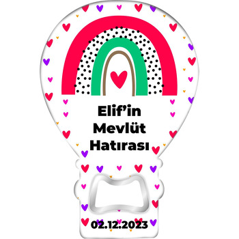 Kırmızı Yeşil Gökkuşağı ile Kalpler Temalı Balon Ahşap Magnet 