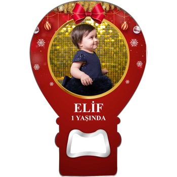 Kırmızı Yılbaşı Fonda Kurdele Temalı Balon Ahşap Magnet 