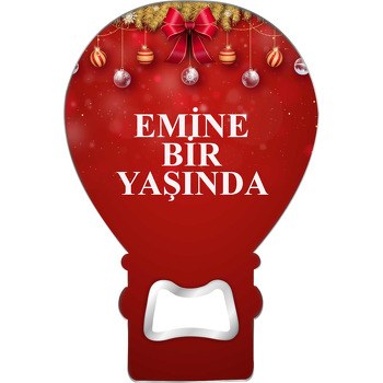 Kırmızı Yılbaşı Fonda Kurdele Temalı Balon Ahşap Magnet 