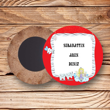 Kırmızı Zeminli Diş Temalı Ahşap Daire Magnet