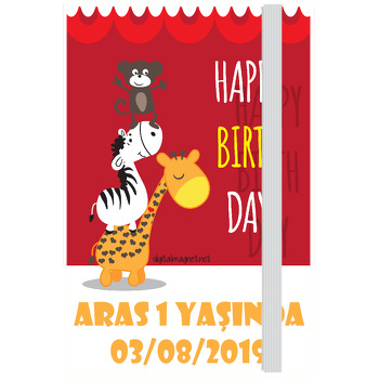 Kırmızı Zeminli Safari Temalı Doğum Günü Kişiye Anı Özel Defter