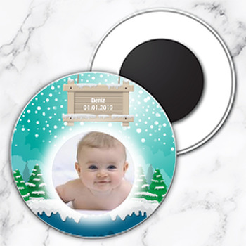 Kış Mevsimi Temalı Resimli Daire Plastik Magnet