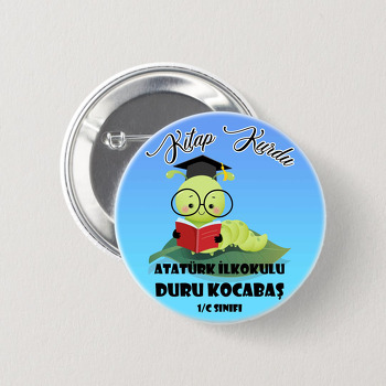 Kitap Kurdu ile Mavi Fon Temalı İğneli Buton Rozet