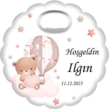 Kız Ayıcık ile Flamalı Krem Balon Temalı Çiçek Şekilli Magnet Açacak