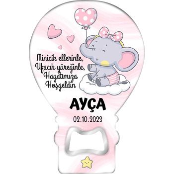 Kız Bebek Fil ile Pembe Kalp Balon Temalı Balon Magnet Açacak