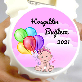 Kız Bebek ile Renkli Balonlar Temalı Kapak Şekilli Magnet Açacak