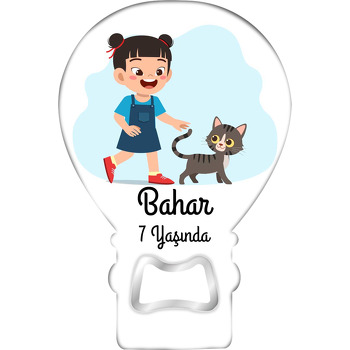Kız Çocuğu ile Tekir Kedi Temalı Balon Ahşap Magnet 