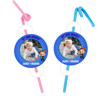 Kız Patron Bebek ile Mavi Fon Temalı Pipet ve Kartı