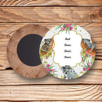 Koala Temalı Ahşap Daire Magnet