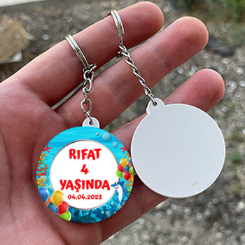 Köpek Balığı Okyanusta Temalı Daire Plastik Doğum Günü Anahtarlık
