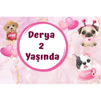 Köpekler ile Pembe Fon Temalı Doğum Günü Afiş