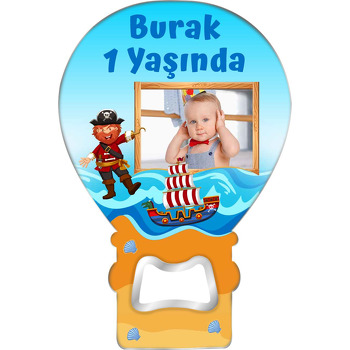 Korsan Gemisi ile Kumsalda Dalgalar Temalı Balon Ahşap Magnet 