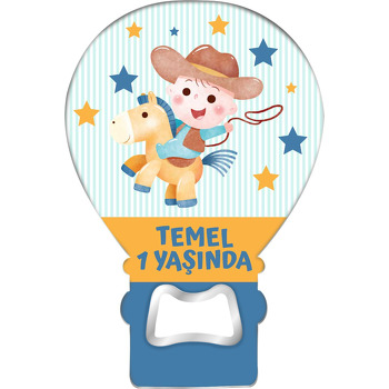 Kovboy Bebek Mavi Sarı Fonda Temalı Balon Ahşap Magnet 