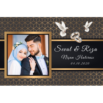 Koyu Kahverengi Fonda Geometrik Altın Desen ve Güvercin Temalı Resimli Söz Nişan Nikah Magnet