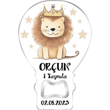 Kral Taçlı Aslan ile Krem Yıldızlar Temalı Balon Ahşap Magnet 