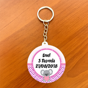 Koala Pembe Temalı Daire Plastik Anahtarlık