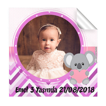 Koala Pembe Temalı Doğum Günü  Kare Etiket