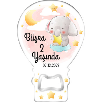 Kucağında Yıldız ile Fil ve Pembe Fon Temalı Balon Ahşap Magnet 