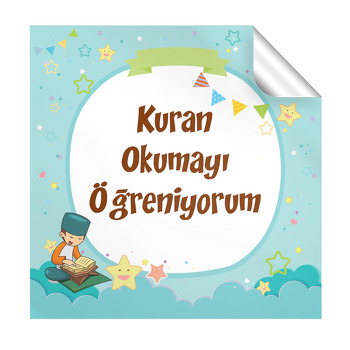 Kuran Okuyan Çocuk ile Su Yeşili Fon Temalı Kare Parti Etiket