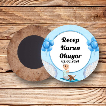 Kuran Okuyorum Mavi Temalı Ahşap Daire Magnet